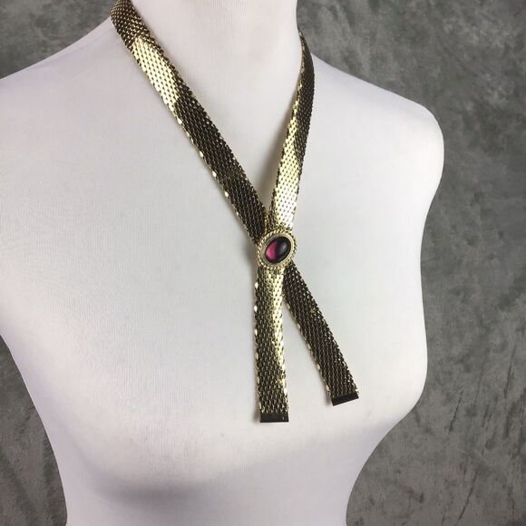 Vintage Goldtone Mesh Collar Necklace Pink Stone Center Snap Fashion Jewelry 28" - Picture 10 of 16